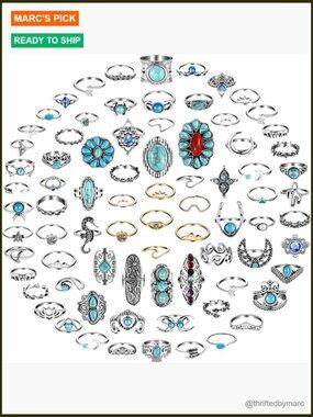 78 Pc Stacking Rings Set Vintage Boho Turquoise Knuckle Midi Rings